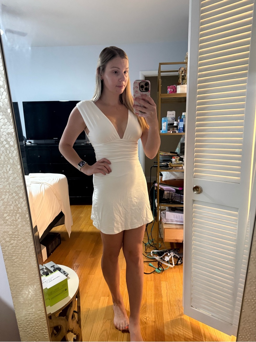 Oh Polly White V-Neck Ruched Mini Dress - Picture 2 of 5